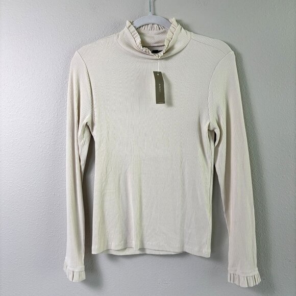 J Crew Rib Ruffle Mock Neck T Shirt Size M Natural Cream Tan Long Sleeve Top NWT - Picture 1 of 11